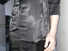 Asian Crossdresser Wearing Black Shiny Satin Long Dress