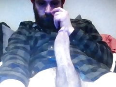 Hairy bearded daddy bear edges his huge cock