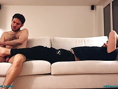 Massaging my friend's beautiful feet and jerking off together