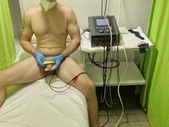 Newbie experiences electro stimulation during masturbation session and ends with a mouthful of cum