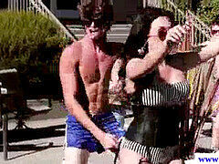 unexperienced jock at group soiree outdoors hooking up