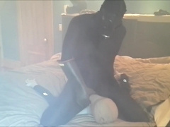 black hooded morphsuit pounds and jizzes on black and white fool
