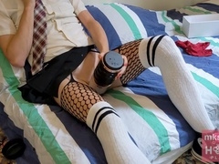 Hot gay femboy uses automatic stroker to edge and cum hard!