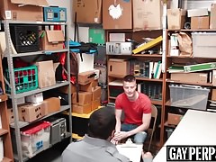 Bearded security officer pounding young thiefs tight ass