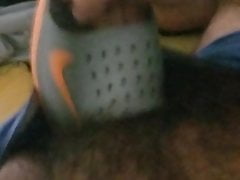 Cumming with my bright orange Nike slides