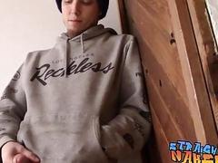 Tattooed thug takes his clothes off and strokes himself solo