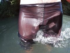Jerking off in a public river untill I drop a massive cumshot in my see through leggings