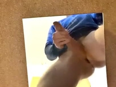 Humungous manmeat jacked onto mirror but draped, uncircumcised hetero fellow