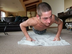 Caleb is jacking off with his dick and balls showing