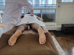 Nosey dangled boy tempts masseuse during rubdown.