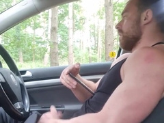 Jerk in truck public place observing pornography