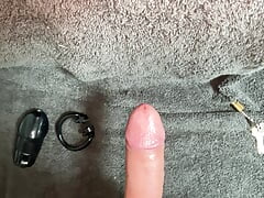 POV releasing chastity cage with toy blowjob