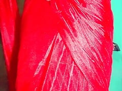 Indian Gay Crossdresser in Red Saree xxx playing with her boobs and doing sex