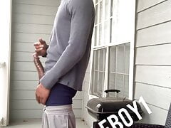 Men jerks and cums outside his porch