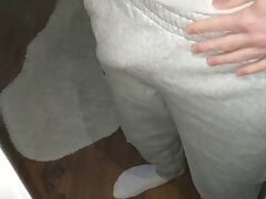 Stroking my huge dick until I explode on the mirror