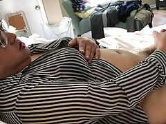 Dirty sissy crossdress slut man whore squirming crazy masturbation orgasm while wearing girlfriend's bra shirt and sweater