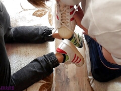 Sneakers and sweaty socks footjob, cum on soles