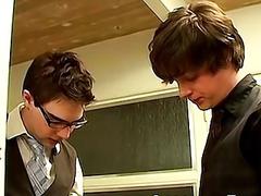Threesome anal and blowjob session with office twinks