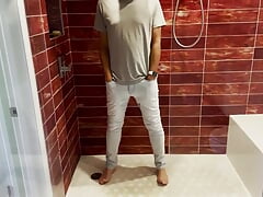 Barefoot in Jeans Pissing Myself and Showing Dick and Ball