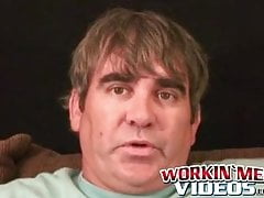 Older stud jerks himself off to orgasm after an interview
