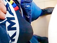 Cheeky mirror leather wank show off