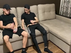 Hetero wank off with lad bummer buddy in sportswear (oral job and jism in throat)