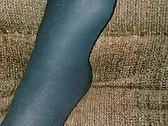 Gay CD  tease rubbing hard cock thru black nylon pantyhose leotard.