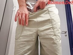 Master Ramon massages his divine cock in hot silver satin shorts and even has to pee a bit