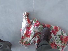 cleaning floor with floral 3 dress