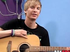 Blond twink plays the guitar before stripping and jerking off