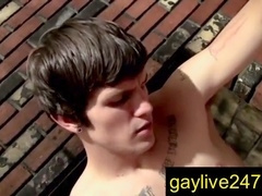 Handsome hunk Lex Lane pleasures himself outdoors with his throbbing manhood