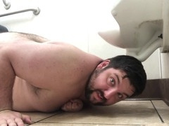 Dirty floor, tonguing, gas station toilet