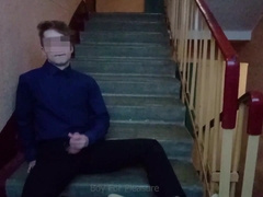 Public stroking off on the stairs after college