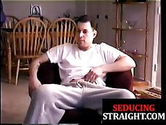 Jerking straight jock gets his hard dick blown by DILF